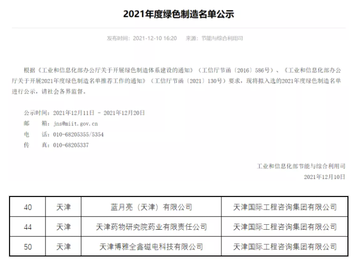 天咨集團助力3家企業(yè)成功入選2021年度國家級綠色工廠